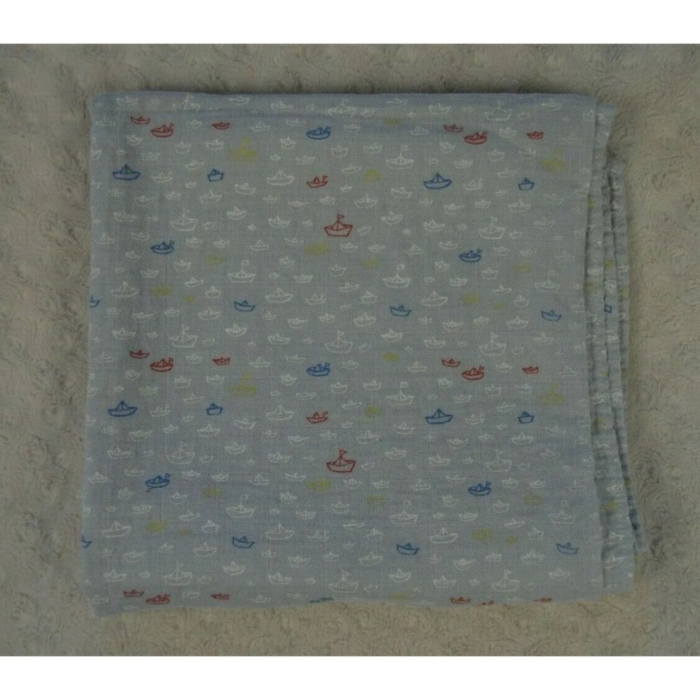 Gymboree Paper Boats Baby Blanket Swaddle Gray White Blue Red Sailboat Ship